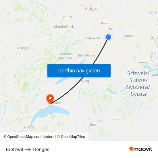 Bretzwil to Denges map