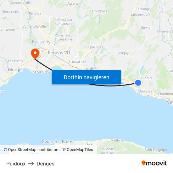Puidoux to Denges map