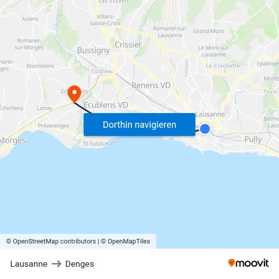 Lausanne to Denges map