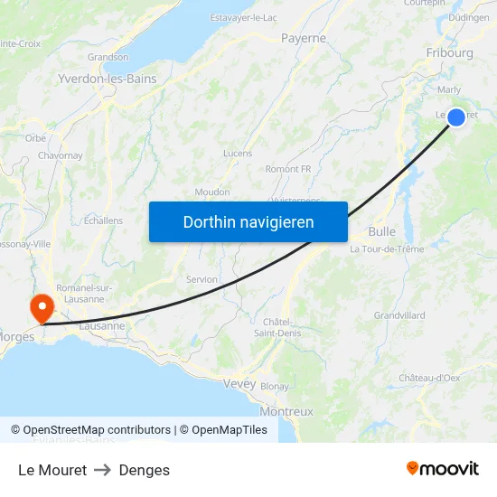 Le Mouret to Denges map