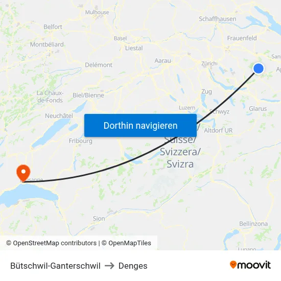 Bütschwil-Ganterschwil to Denges map