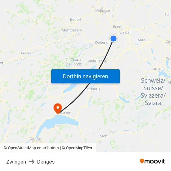 Zwingen to Denges map