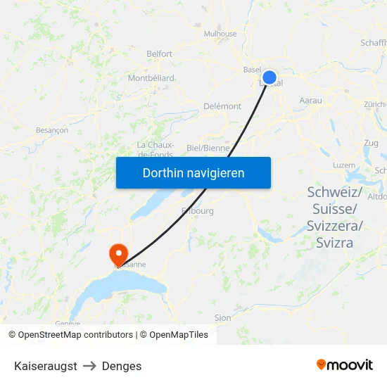 Kaiseraugst to Denges map