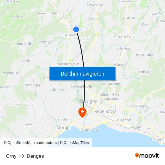 Orny to Denges map
