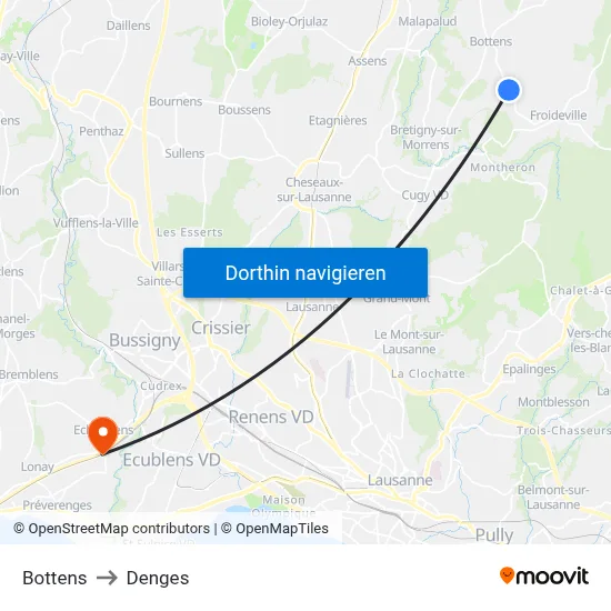Bottens to Denges map