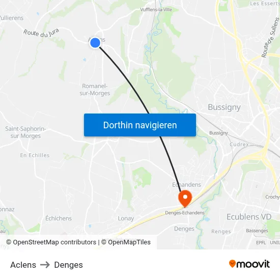 Aclens to Denges map