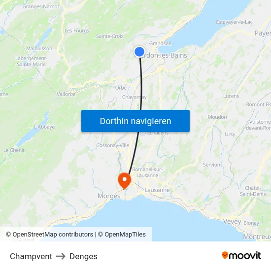 Champvent to Denges map