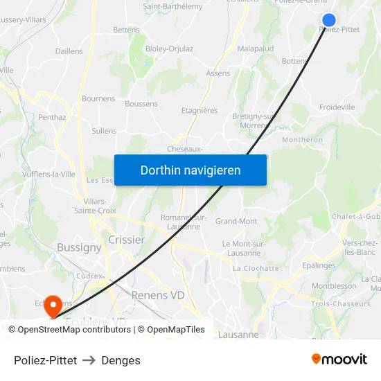 Poliez-Pittet to Denges map