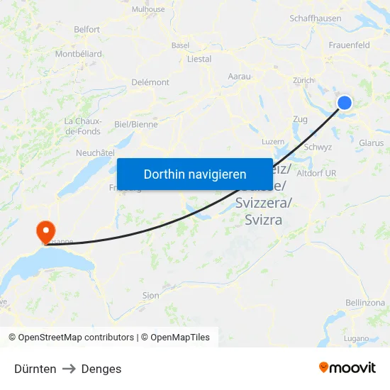 Dürnten to Denges map