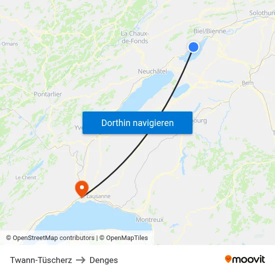 Twann-Tüscherz to Denges map