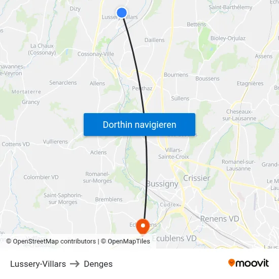 Lussery-Villars to Denges map