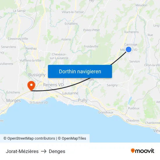 Jorat-Mézières to Denges map