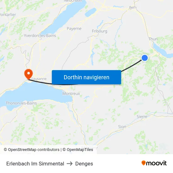 Erlenbach Im Simmental to Denges map