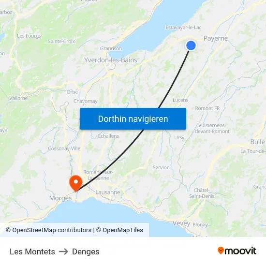 Les Montets to Denges map