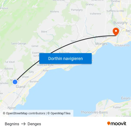 Begnins to Denges map