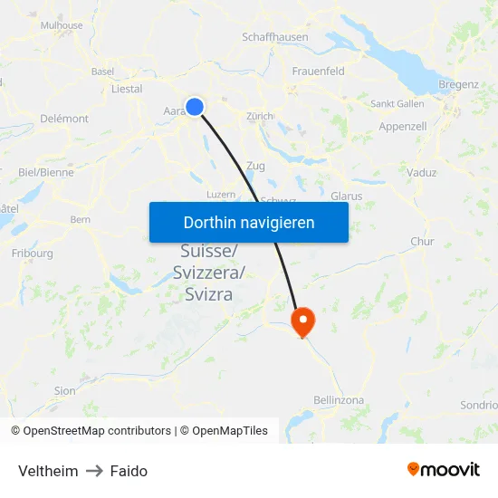 Veltheim to Faido map