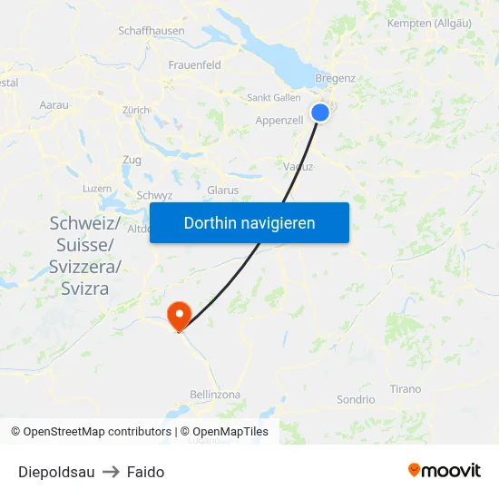 Diepoldsau to Faido map