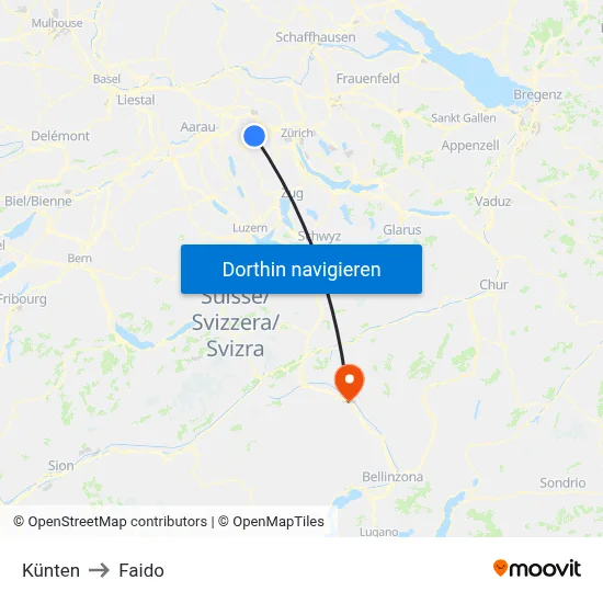 Künten to Faido map