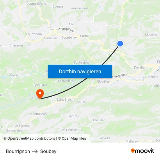 Bourrignon to Soubey map