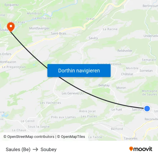 Saules (Be) to Soubey map
