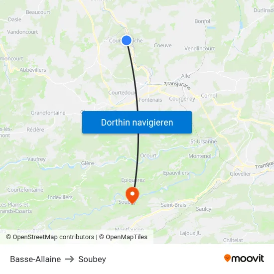 Basse-Allaine to Soubey map