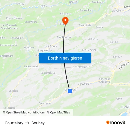 Courtelary to Soubey map
