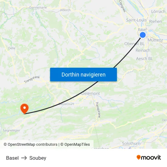 Basel to Soubey map