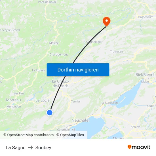 La Sagne to Soubey map
