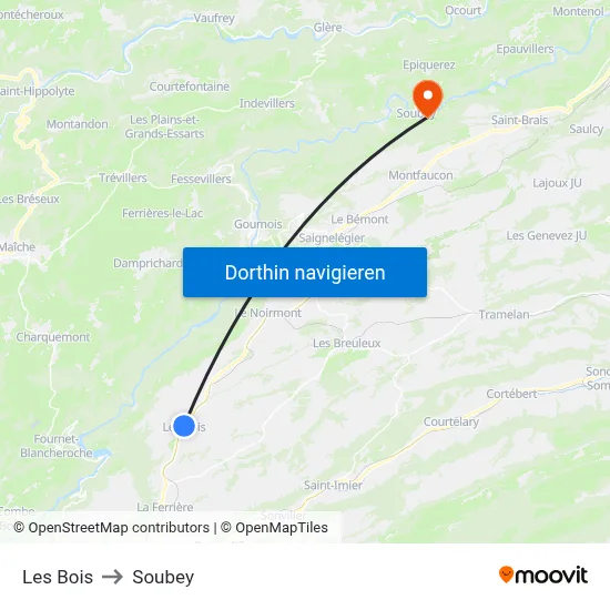 Les Bois to Soubey map