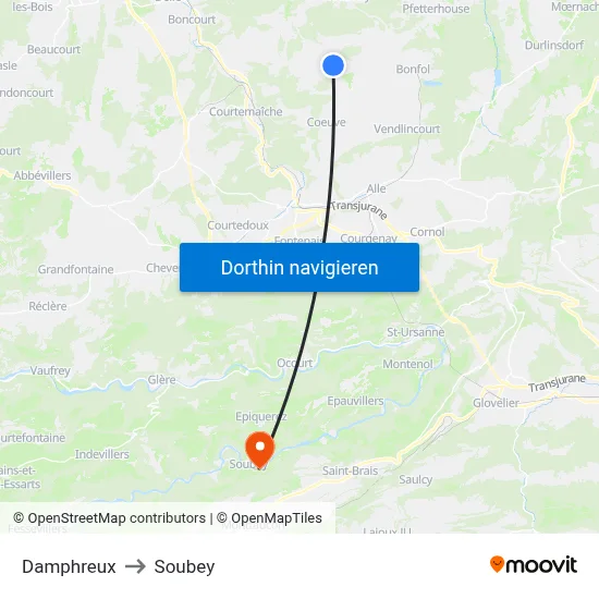 Damphreux to Soubey map