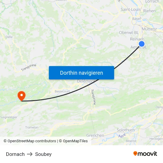 Dornach to Soubey map