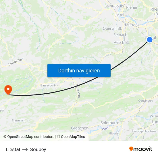 Liestal to Soubey map