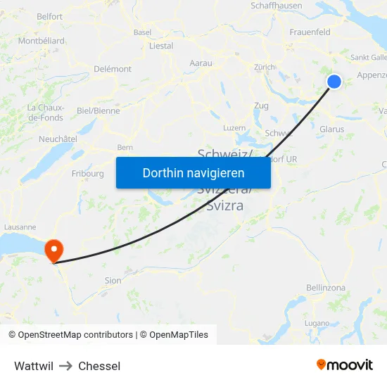 Wattwil to Chessel map