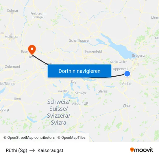 Rüthi (Sg) to Kaiseraugst map