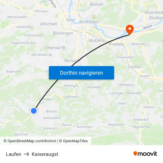 Laufen to Kaiseraugst map