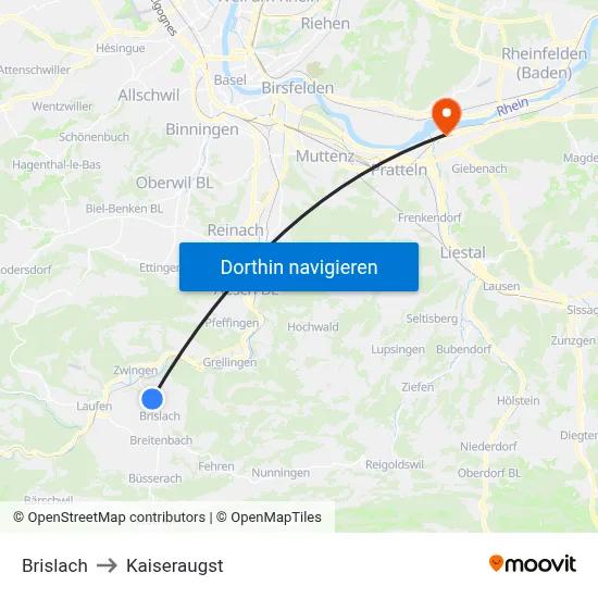 Brislach to Kaiseraugst map
