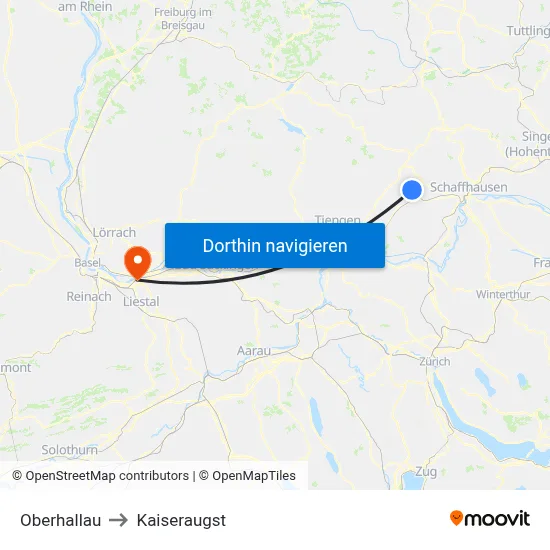 Oberhallau to Kaiseraugst map
