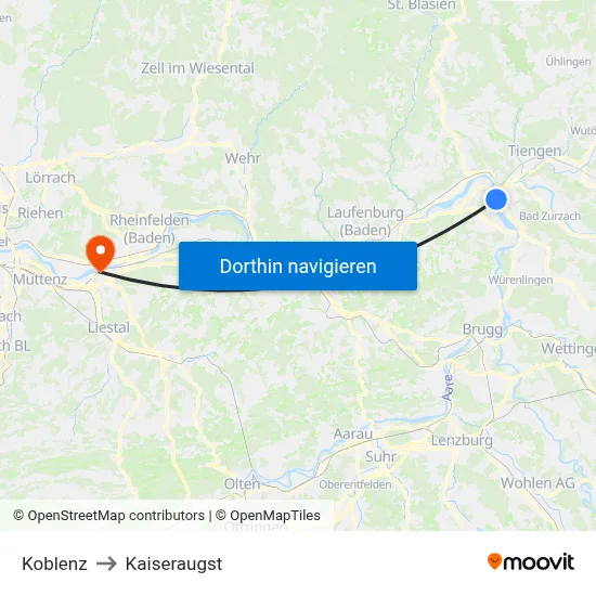 Koblenz to Kaiseraugst map