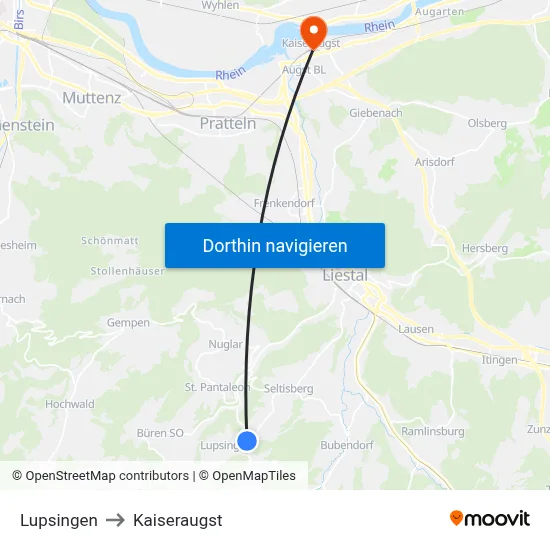 Lupsingen to Kaiseraugst map
