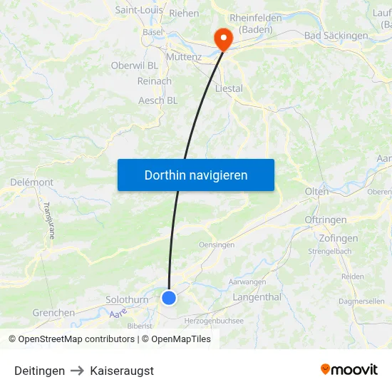 Deitingen to Kaiseraugst map