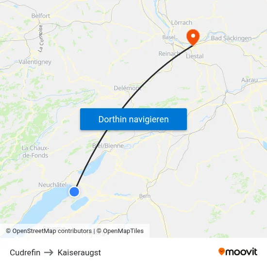Cudrefin to Kaiseraugst map