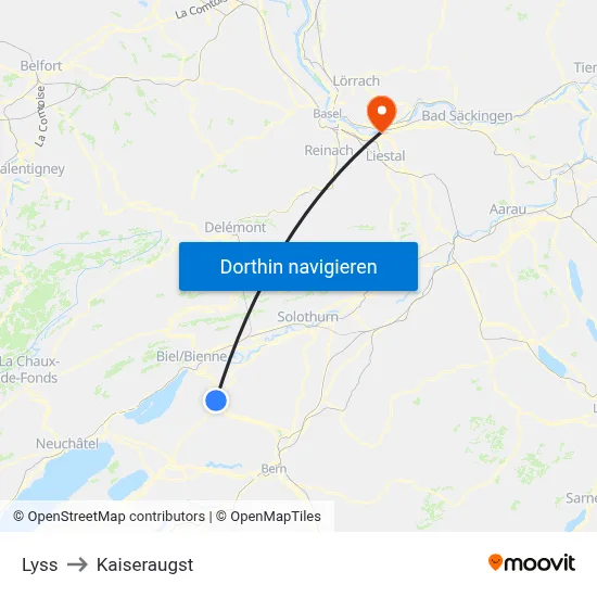 Lyss to Kaiseraugst map
