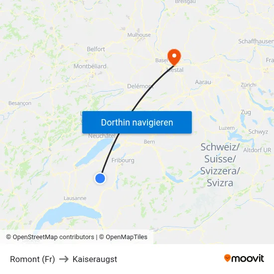 Romont (Fr) to Kaiseraugst map
