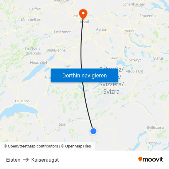 Eisten to Kaiseraugst map