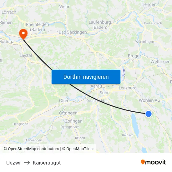 Uezwil to Kaiseraugst map
