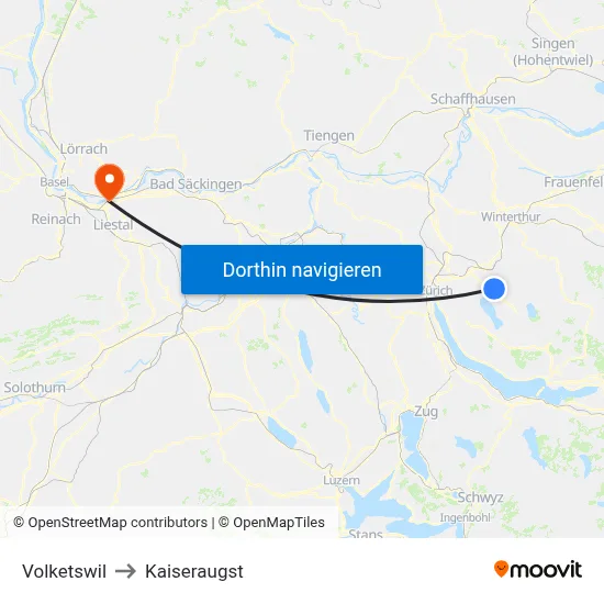 Volketswil to Kaiseraugst map