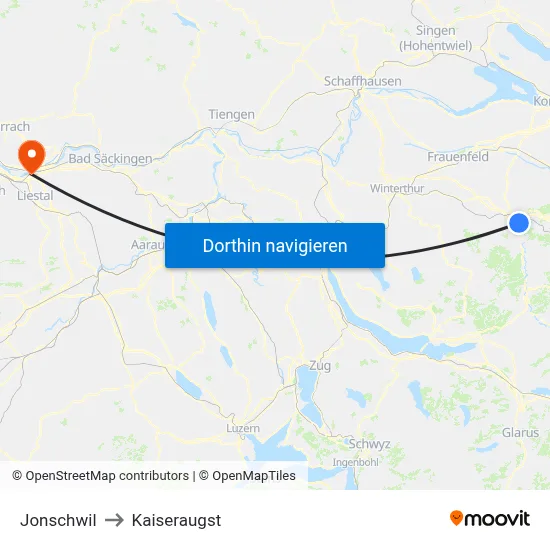 Jonschwil to Kaiseraugst map