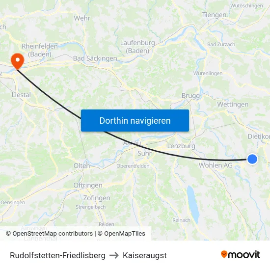 Rudolfstetten-Friedlisberg to Kaiseraugst map
