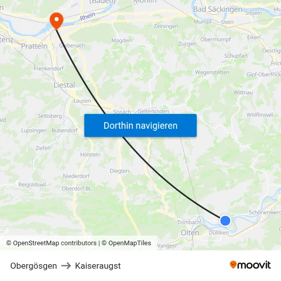 Obergösgen to Kaiseraugst map