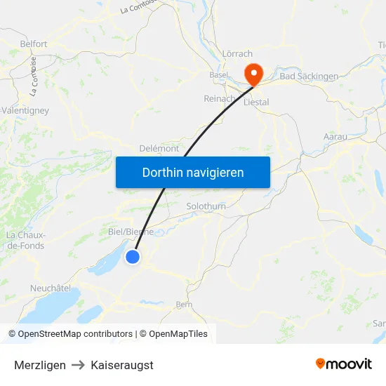 Merzligen to Kaiseraugst map